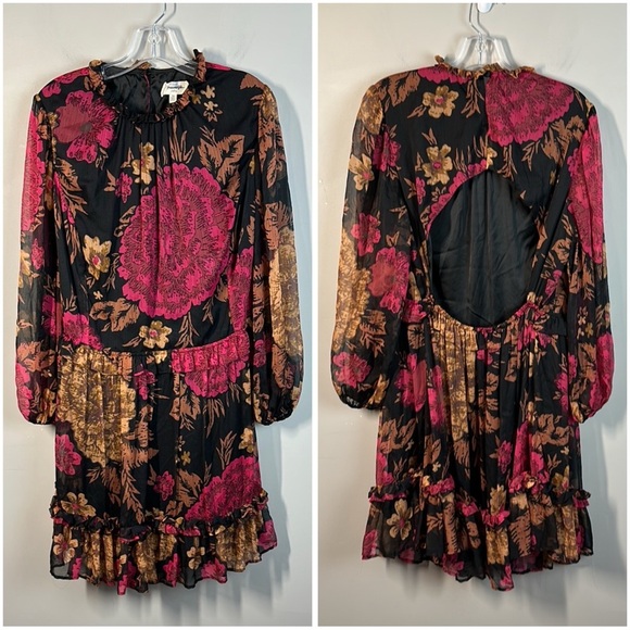 Anthropologie Porridge Black Puff Sleeve Open Back Floral Chiffon Dress Size 1X - Picture 3 of 16